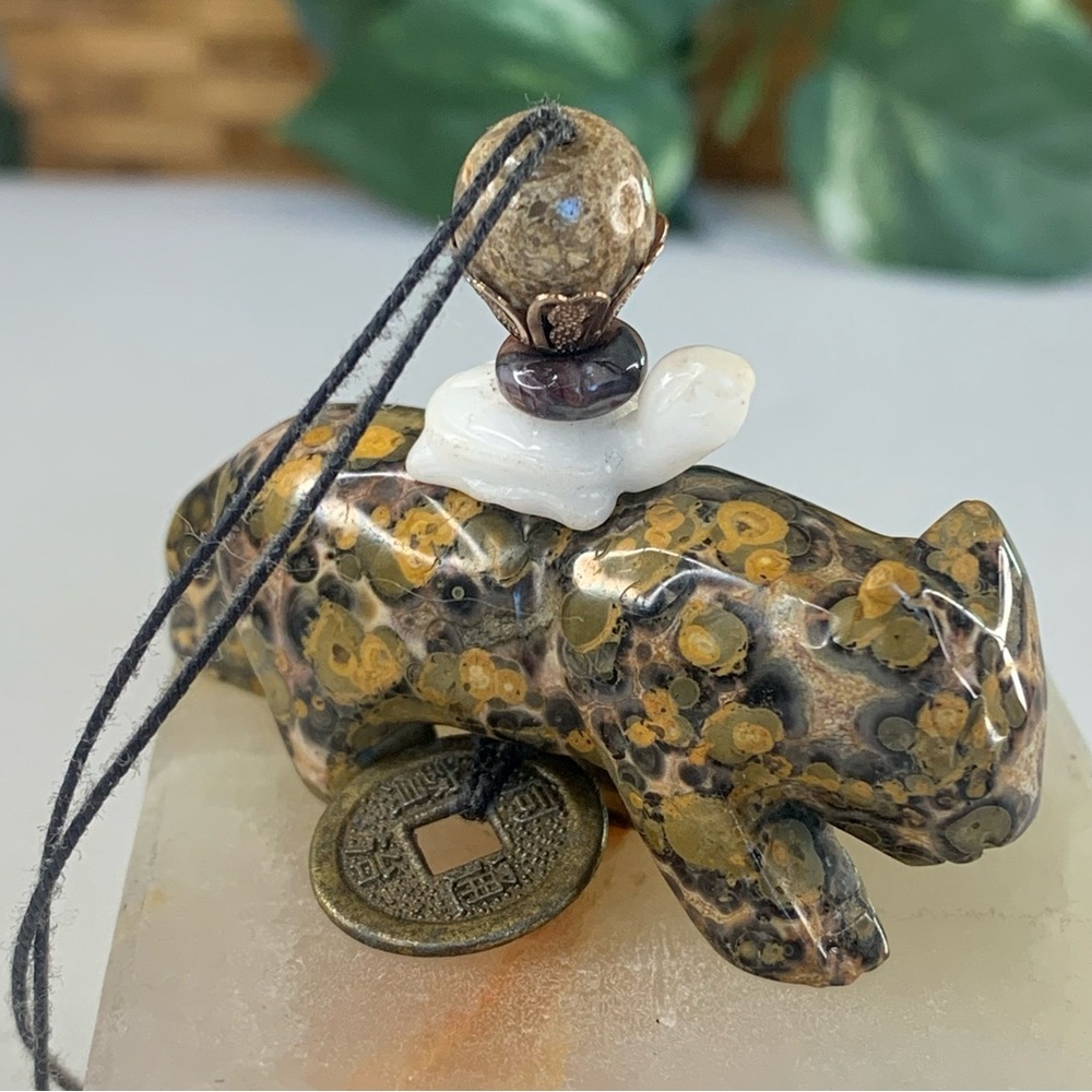 Leopard Skin Jasper Carved Leopard Pendant Necklace Chinese Feng Shui Coin 28" - Picture 10 of 16